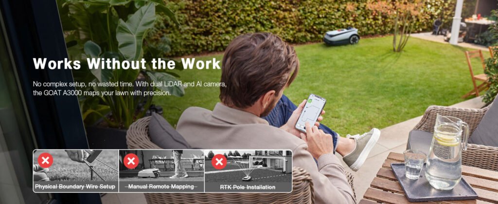 ECOVACS GOAT A3000 robotic lawn mower autonomously mowing a large garden using dual LiDAR and AI navigation without boundary wires